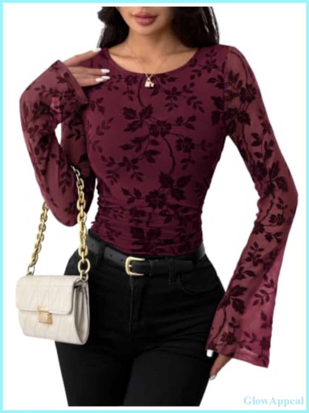 Women's Floral Lace Bell Sleeve Blouse Ruched Velvet Top